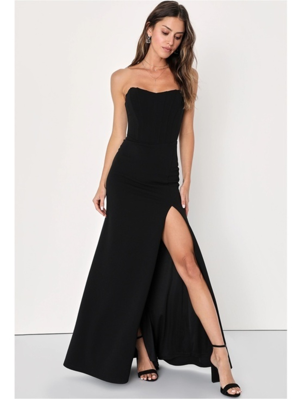 NWT Lulu’s Passionate Admiration Black Strapless Bustier Maxi Dress Small Chic